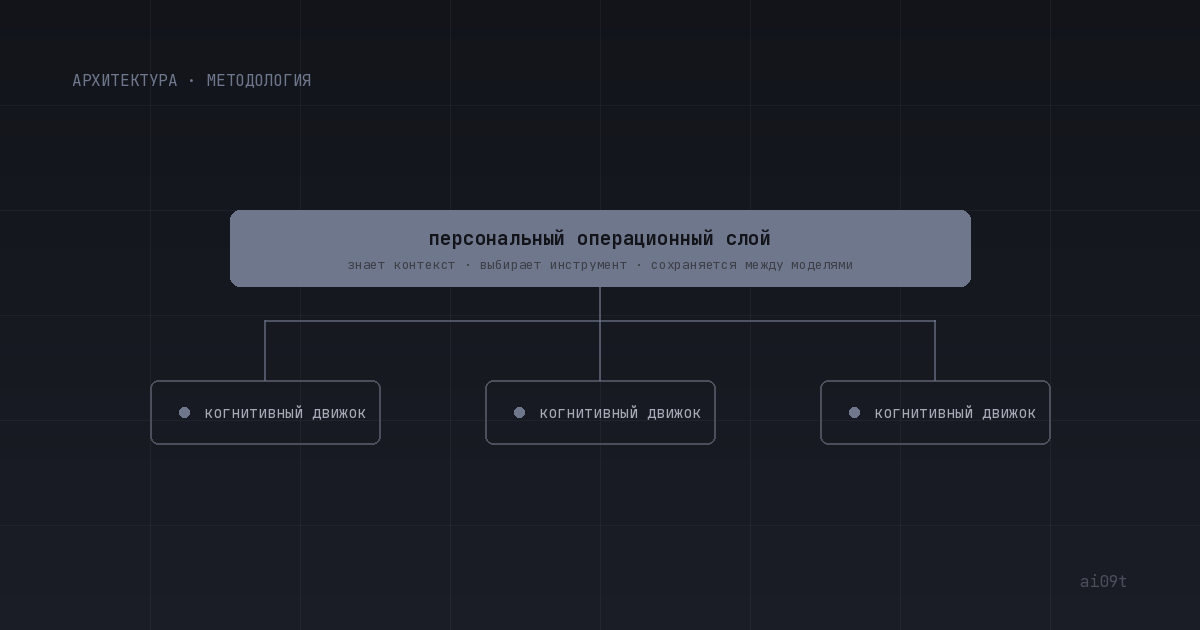 Схема: три когнитивных движка (ChatGPT, Claude, Codex) снизу и персональный операционный слой сверху